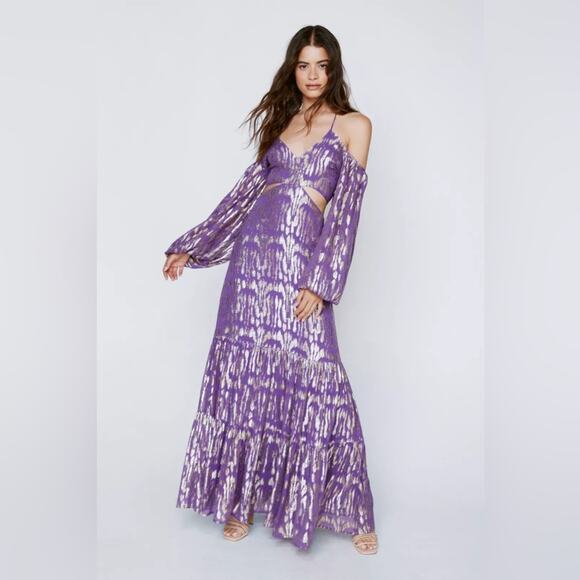 NEW Nasty Gal Purple Metallic Zebra Print Maxi Dress Size 2 - Picture 1 of 9